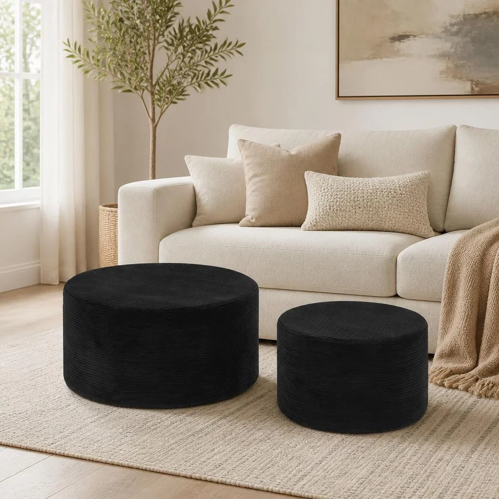 2 Size Round Pouf Ottoman Set Cylindrical Corduroy Foot Stool Multi Scene Extra Seat Side Table For Living Room Bedroom Boho Minimalist Home Decor Lightweight High Elastic Filling Floor Stools