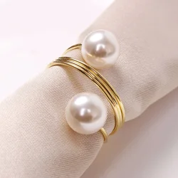 6pcs Pearl Napkin Rings Gold Metal Table Napkin Rings Holder for Wedding Party Family Banquet Restaurant Dinner Table Decor
