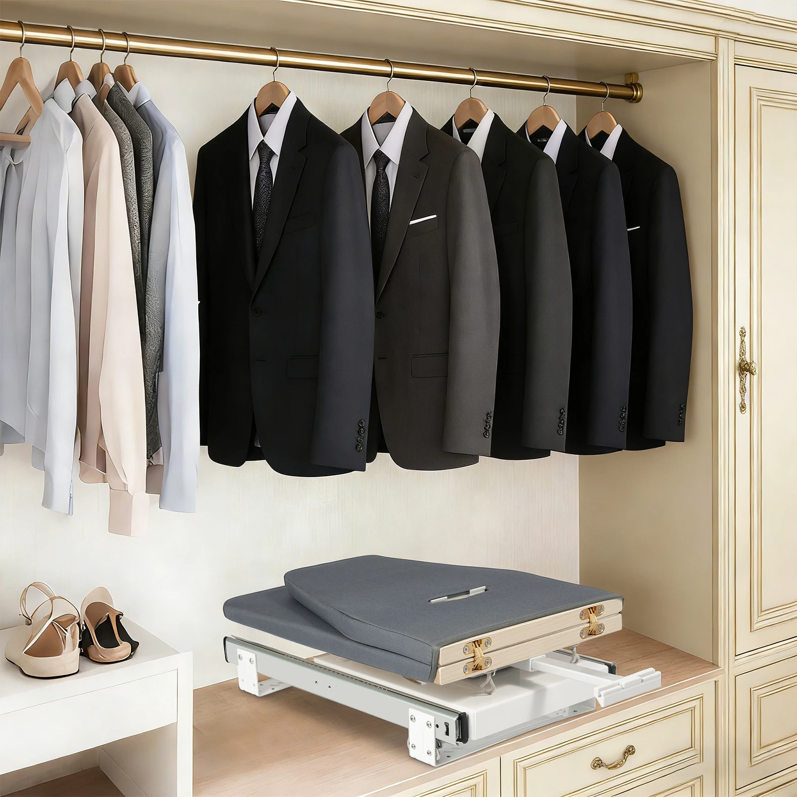 

Ультратихая складная гладильная доска: 180 ° Вращение, экономия места, выдерживает 45 кг. Подходит для установки в шкаф, современный серый дизайн. Простая установка!