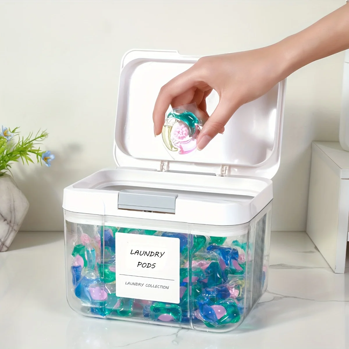 Contenedor para vainas de lavandería, soporte para vainas de lavandería, emergente sellado y automático, gran capacidad para vainas de lavandería para lavandería