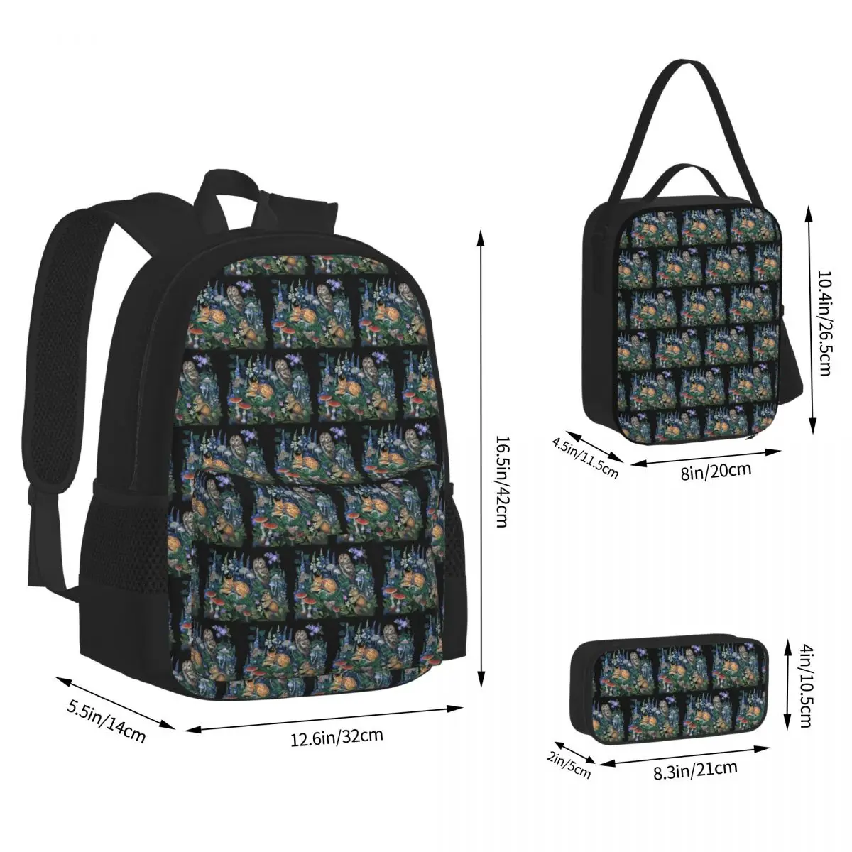 Enchanted Forest Backpacks Students Bookbag School Bags Children Rucksack Lunch Bag Pen Bag Three-Piece Set