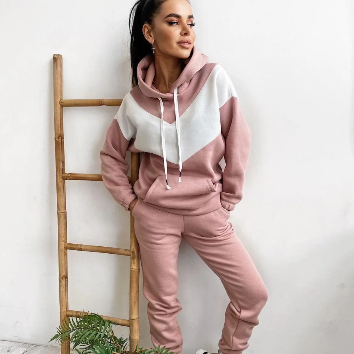 Fashion Color Matching Long Sleeved Hoodie Women\'s Suit Autumn Winter New Simple Pocket Hoodie Casual Sports Pants 2 Piece Set