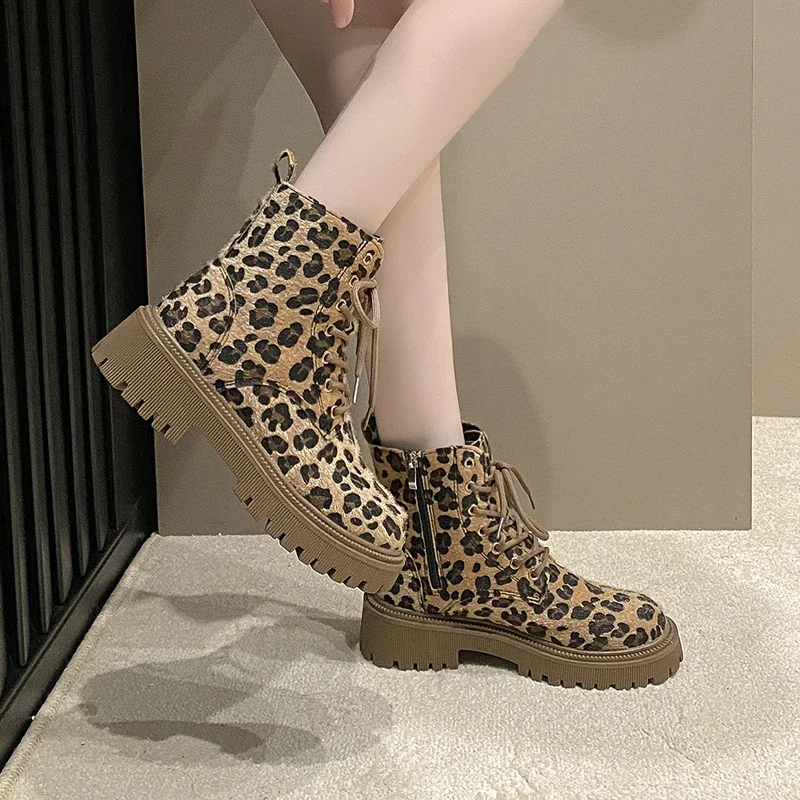 Shoes for Women 2023 Fashion Lace Up Women Boots Winter Round Toe Leopard Print Short Barrel Chunky Heels Zipper Plus Size Boots