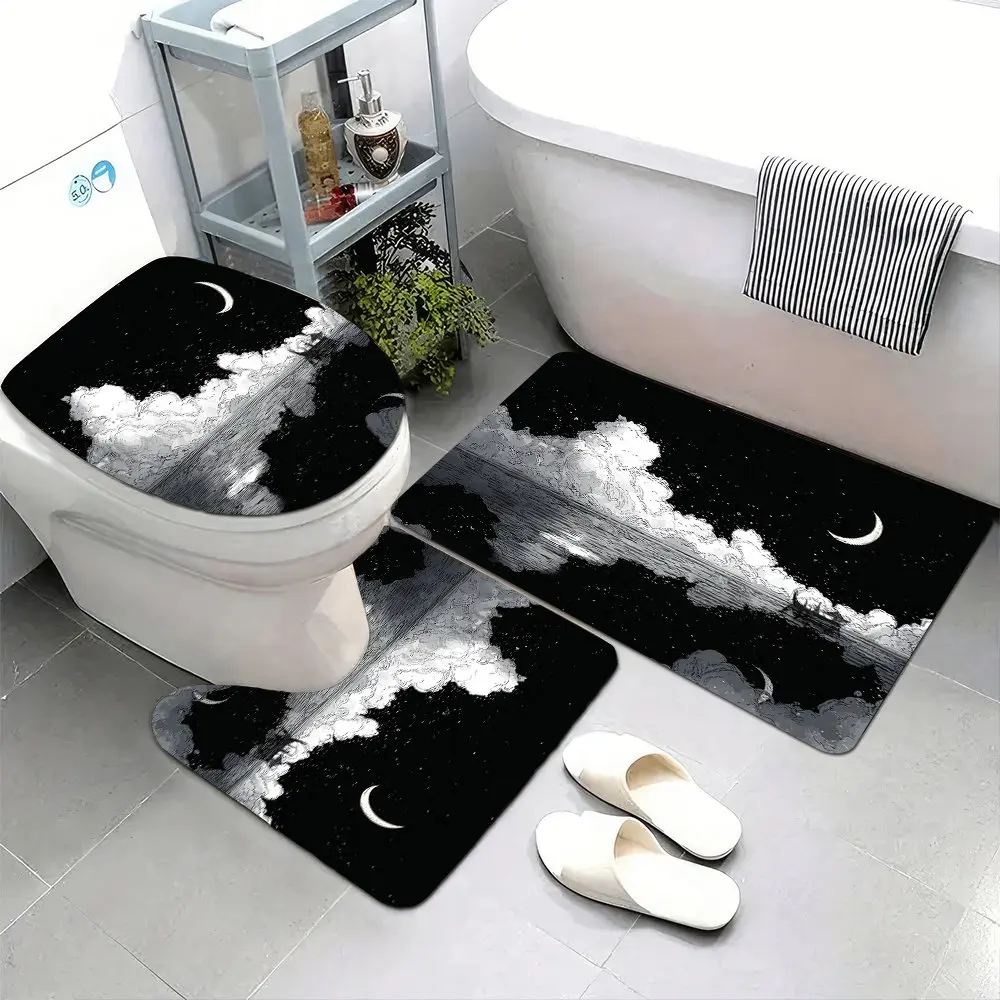

Set of 3 Ultra-Soft Bathroom Floor Mats Featuring a Non-Slip Backing, Designed with White Clouds And a Crescent Moon Against a B
