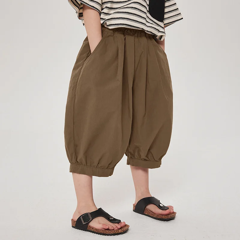 2024 Summer New Kids cropped pants Boys solid color Lantern pants Girls cotton thin style calf-length shorts