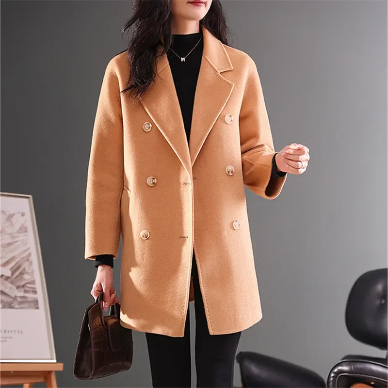 

Autumn Winter Solid Color Mid Long Double Sided Wool Jacket Women Loose Outerwear Double Breasted Long Sleeve Wool Coat Female