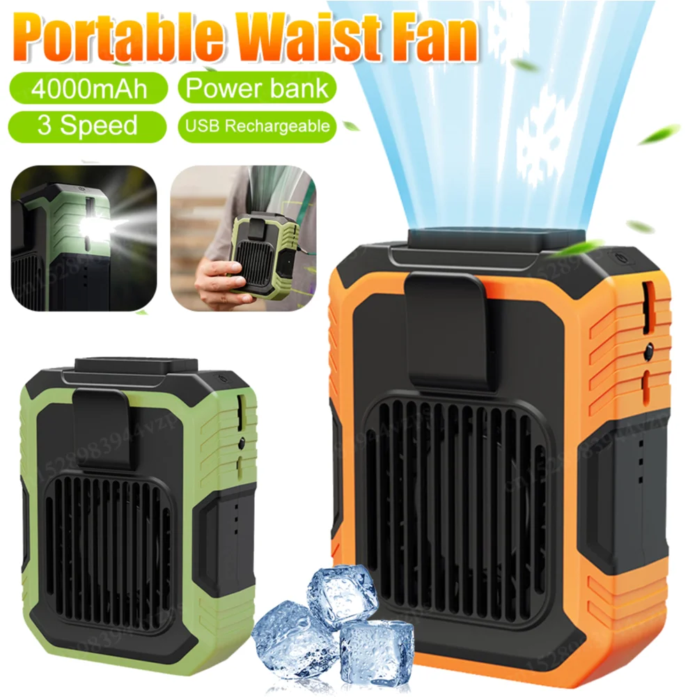 Portable Mini  Fan Wearable Waist Fan 3 Speed Emergency Mobile Power Bank Cooling Waist Fan USB Rechargeable for Outdoor