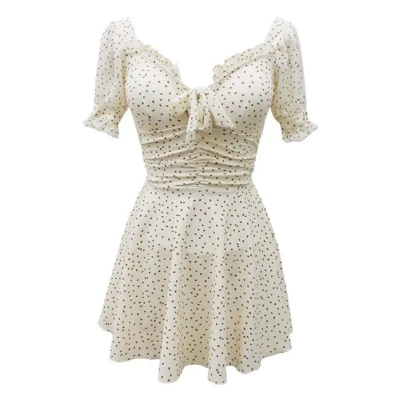 Traje de baño de una pieza con manga abombada para mujer, traje de baño de estilo coreano, blanco, punto redondo, Sexy, cuello en V, Espalda descubierta, falda con volantes, trajes de baño de playa