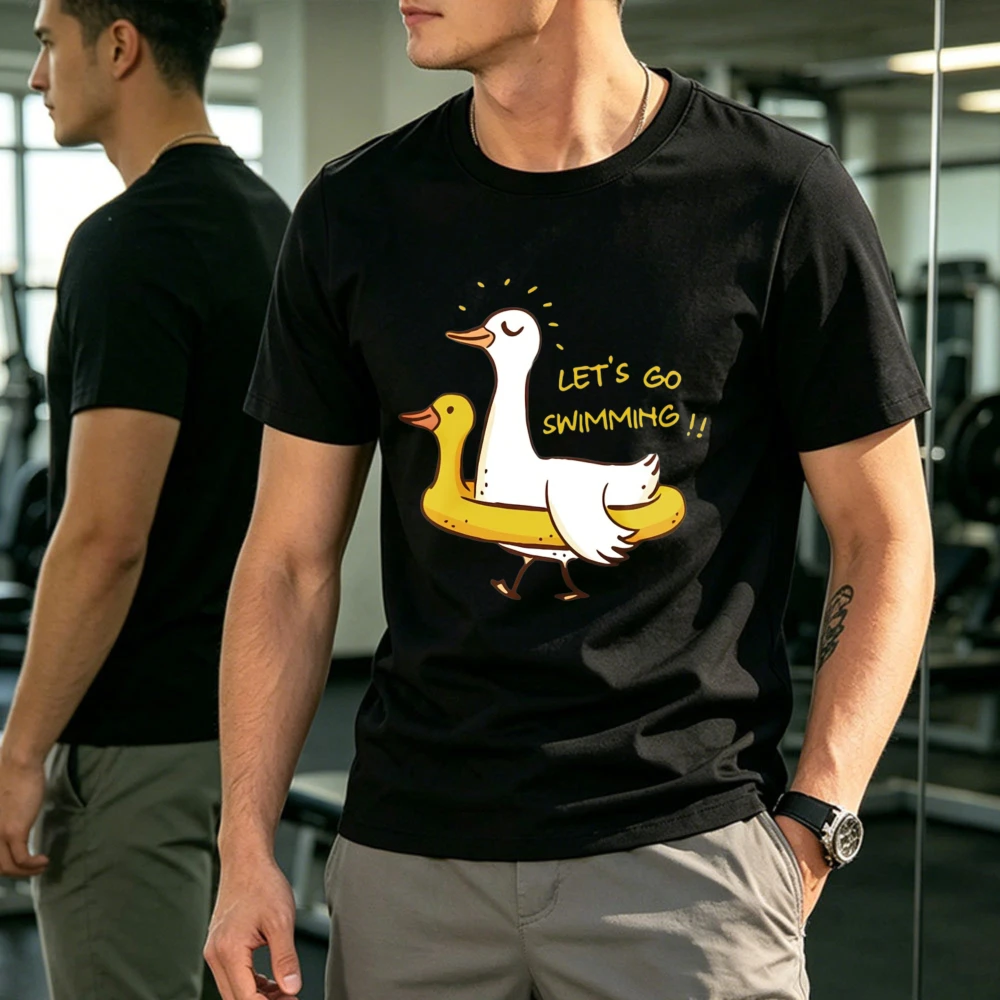 Cute Swimming Duck Women T Shirt Let's Go Swimming Cartoon Duck Float Ring Graphic Cotton Tees Summer Beach Casual Unisex Tees