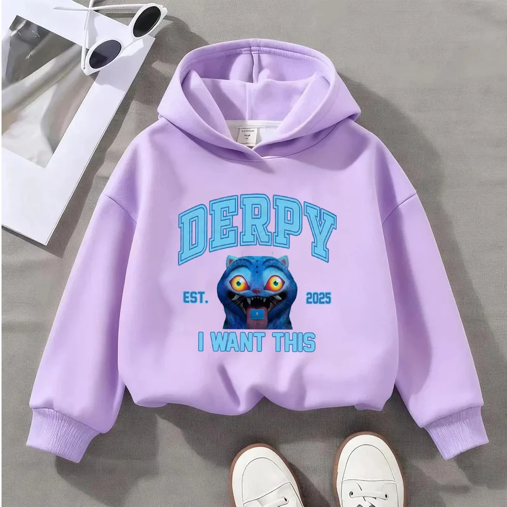 سويت شيرت للأطفال Derpy Cat EST 2025 بغطاء للرأس برسومات ممتعة للأولاد والبنات بلوفر كاجوال بأكمام طويلة