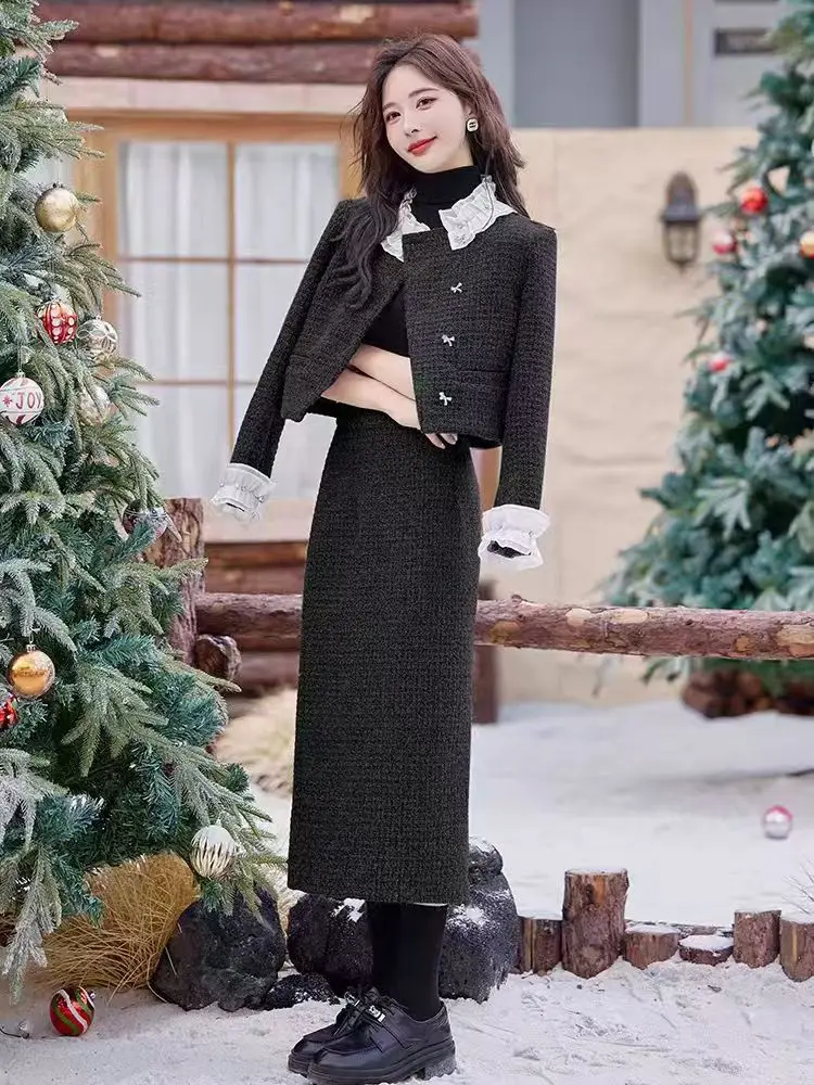 Luxury Woolen Set Women's 2024 Autumn Winter New Trendy Complete Outfit Skirt Two-piece Female Office Lady Clothing High Quality