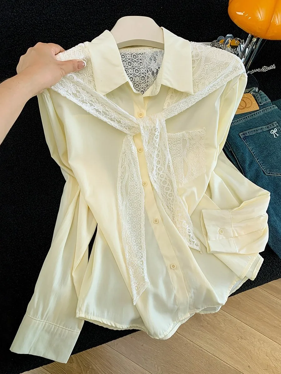 

Lace Splice Long Sleeve Shirt Women Summer with Strap Outer Loose Slimming Sun Protection Open Cardigan Top Shoulder Pad Free
