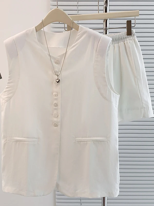 カジュアルでおしゃれなレディース綿混ノースリーブベストと伸縮性のあるショートパンツのセット、ラウンドネックのツーピーススーツ、サマーコレクション