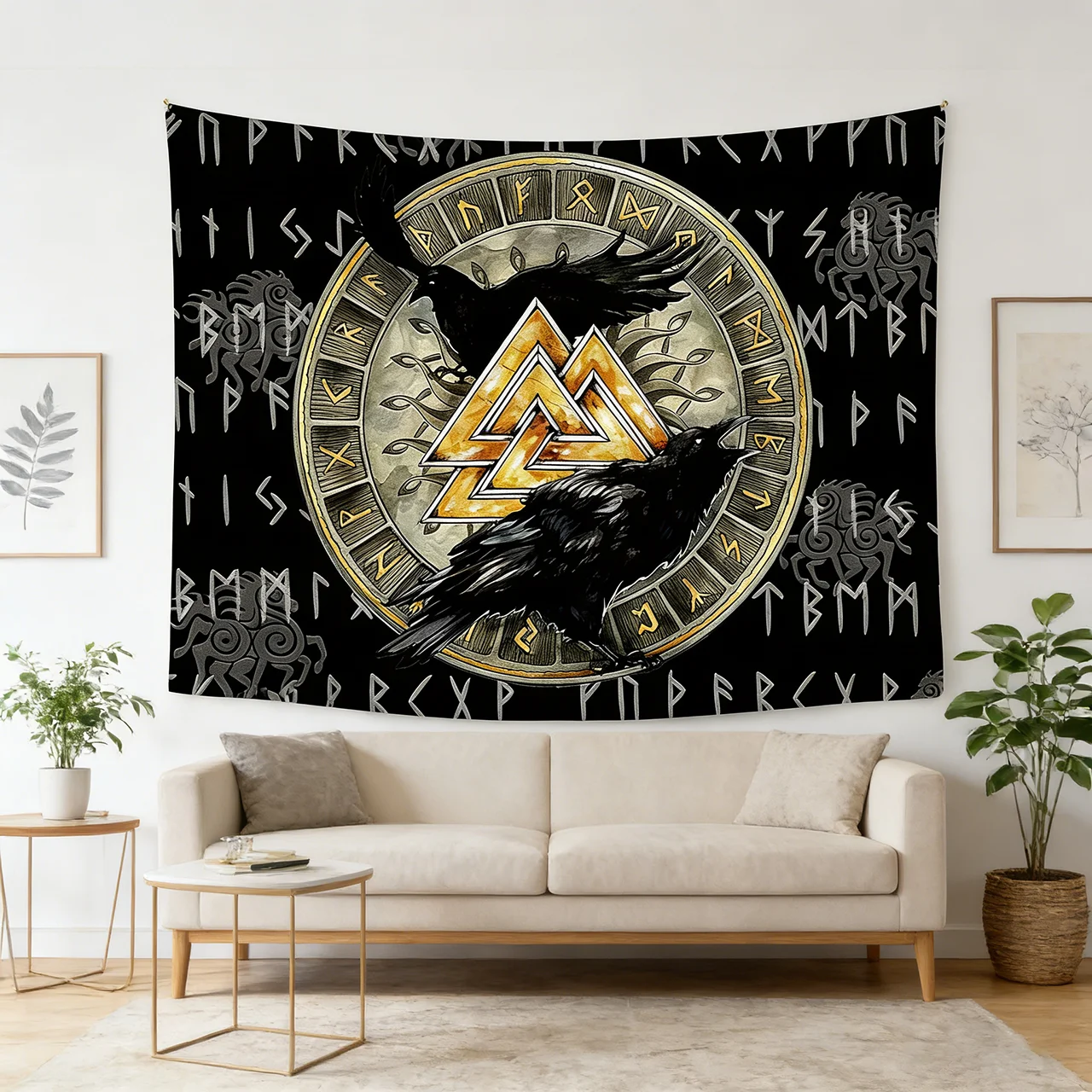 Nordic Viking Tapestry | Flat Printed Mysterious Raven & Rune Wall Hanging for Mens Bedroom & Living Room Viking Style Decor