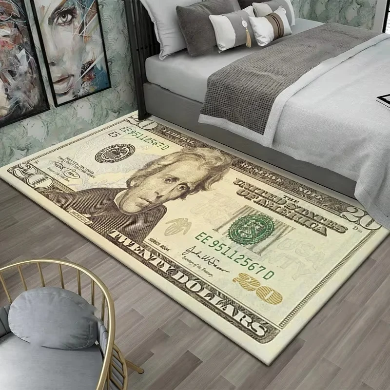 VIKAMA Alfombra creativa con estampado de dólar, alfombra para puerta, alfombra lateral para dormitorio, fácil de limpiar, alfombra para sala de juegos, alfombra para sala de estar