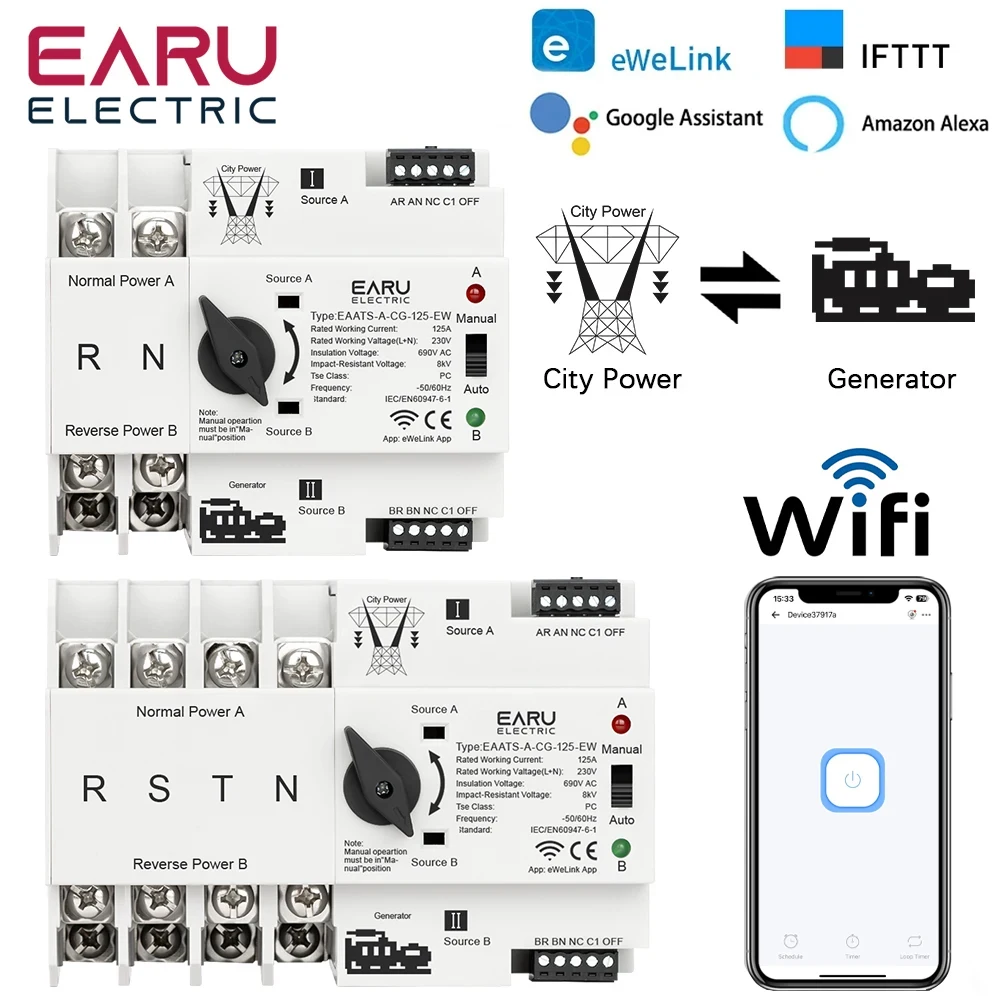 eWeLink WiFi Smart Remote Control 2P 4P 125A AC 230V ATS Dual Power Automatic Transfer Electrical Selector Switch Uninterrupted