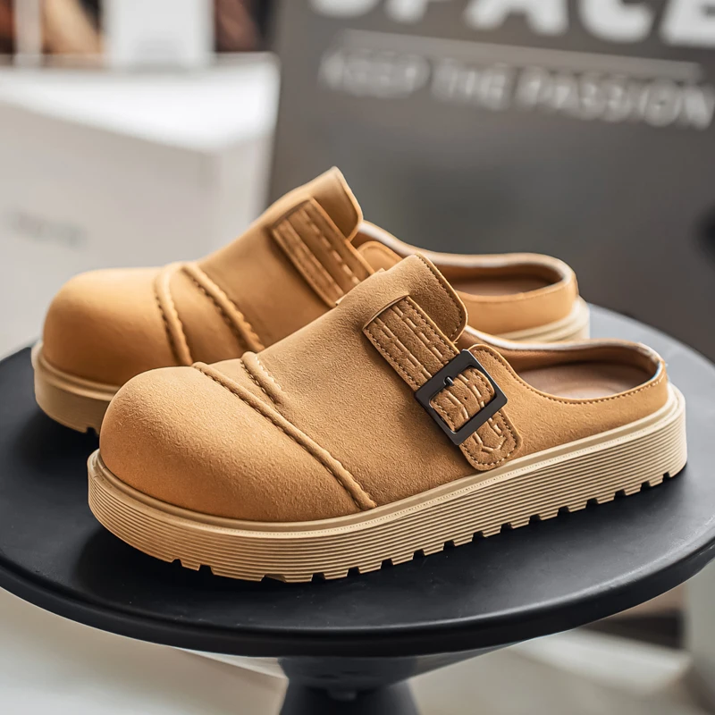 

Summer Suede Leather Casual Shoes For Men Mules Buckle Design Men's Loafers Comfortable Platform Slip-on Shoes Man Half Shoes