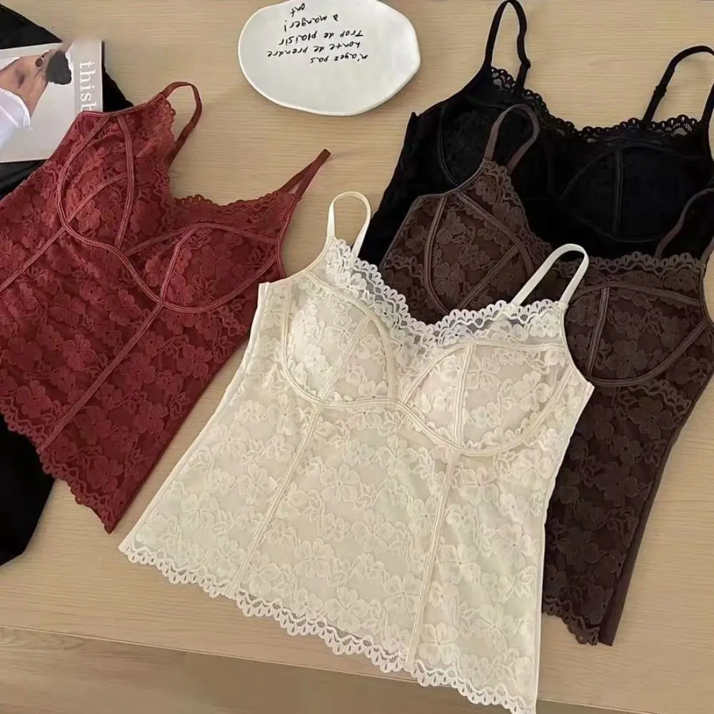 

Mesh Flower Slim Lace Crop Top Sweet Bottoming Shirt Girl's Vest Top V Neck Spicy Girls Style Camisole with Pads