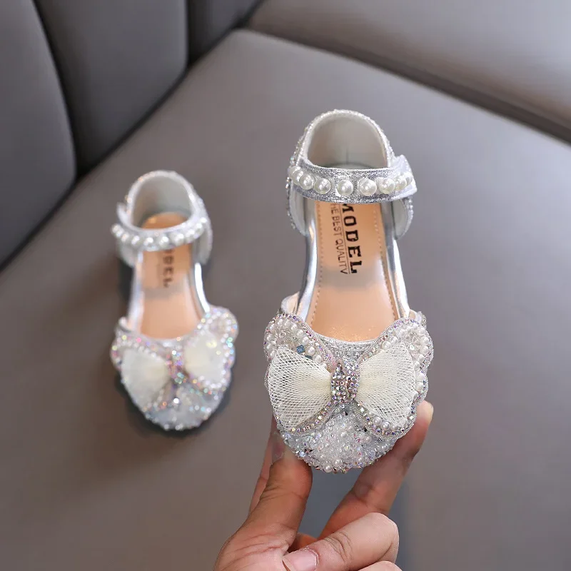 New Elegant Girl Princess Shoes Pearl Bowtie Children's Sandals Sweet Fashion Kids Causal Dance Flat Shoes Soft Bottom Versatile