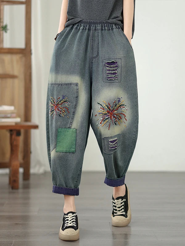 

Spring Summer plus Size Elastic Waist Loose Fit Slimming Casual Versatile Embroidered Heavy Duty Denim Dad Jeans Carrot Pants