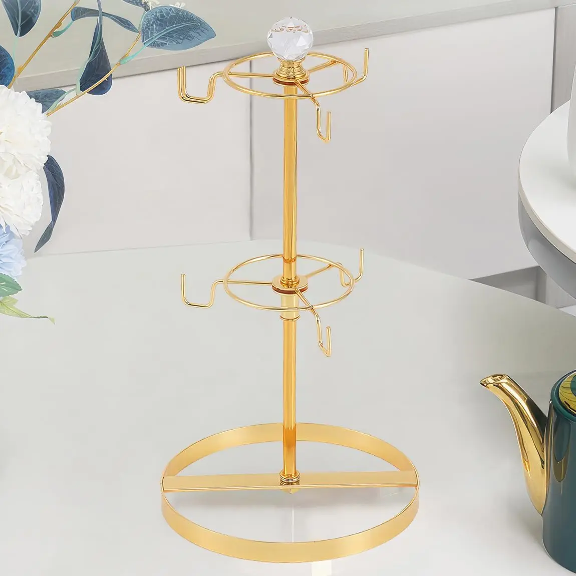 

Double Tier Metal Coffee Mug Tree Holder with 6 Hooks, Gold Finish and Crystal Ball for Countertop
