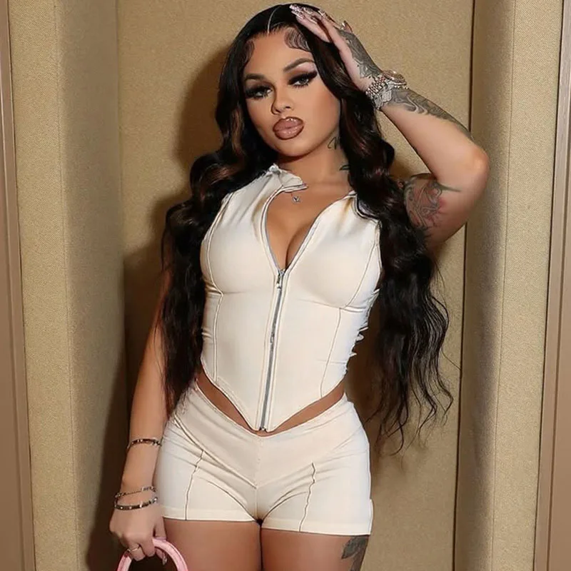 

Однотонный комплект из двух предметов на молнии для вечеринок и клубов, женский жилет без рукавов с отложным воротником, укороченный топ и шорты, повседневные спортивные костюмы, комплекты для тренировок