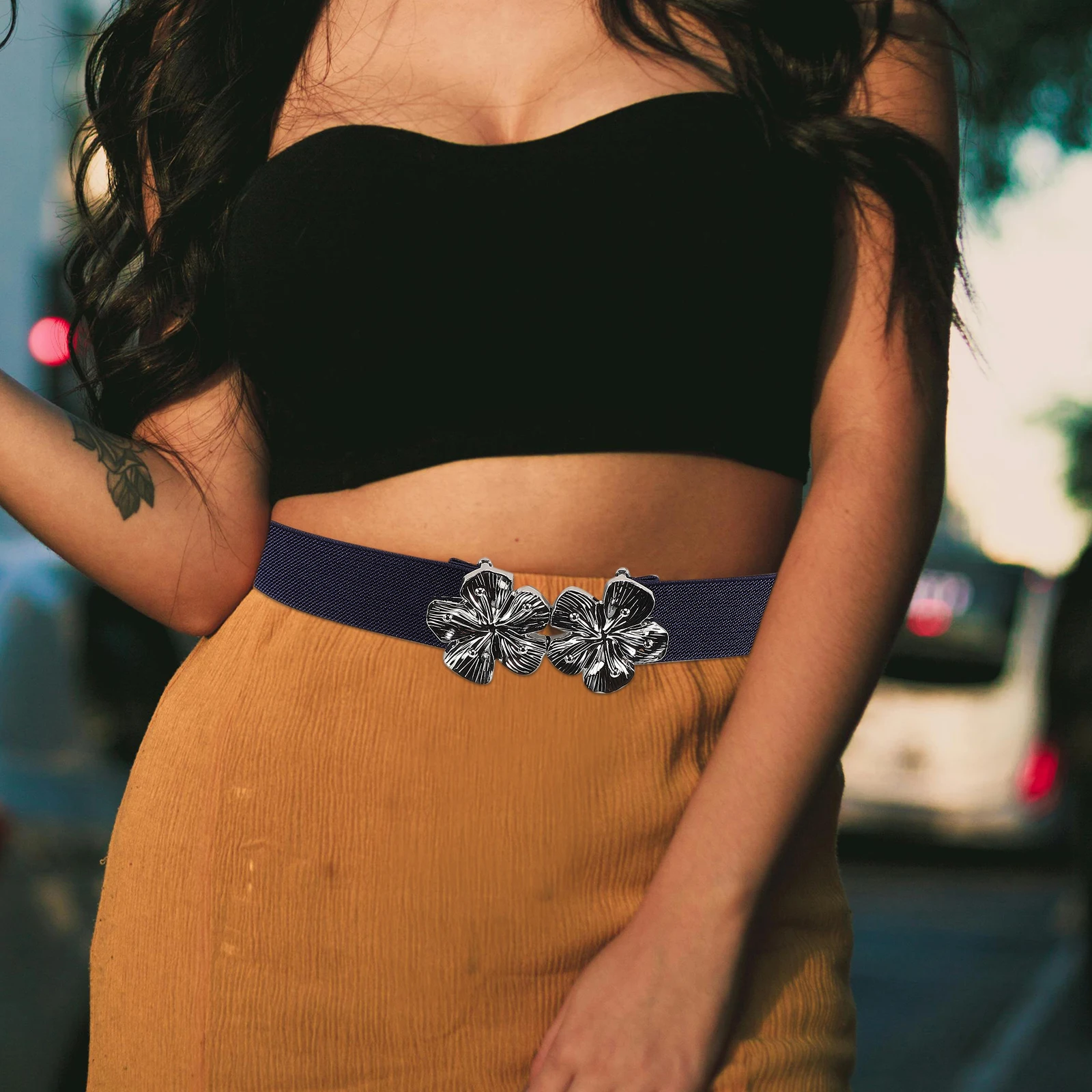 2 قطع المرأة مرونة الخصر بسط حزام عريض مع مشبك الأزهار لفساتين قابل للتعديل خمر البوهيمي نمط حزام للحزب