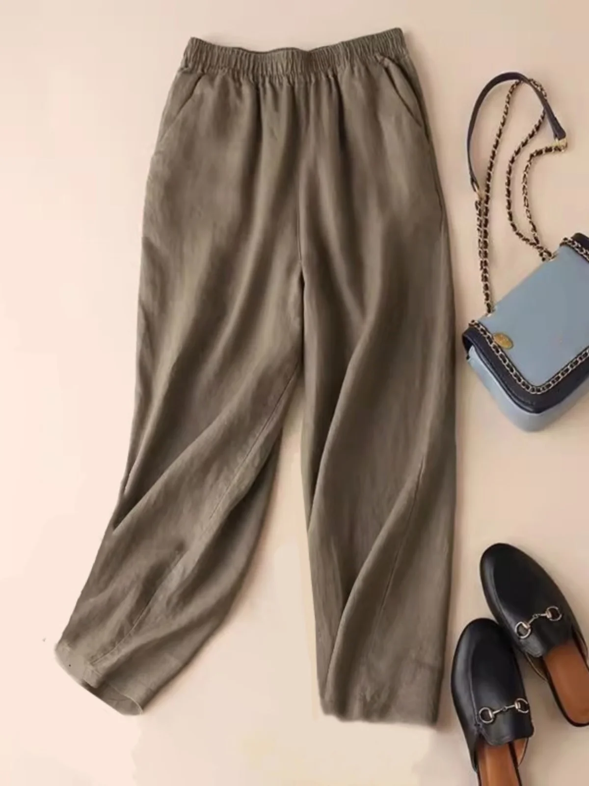 

Брюки из ледяного шелка, конопли, однотонные летние женские новые повседневные брюки с девятью очками, свободные прямые тонкие повседневные брюки