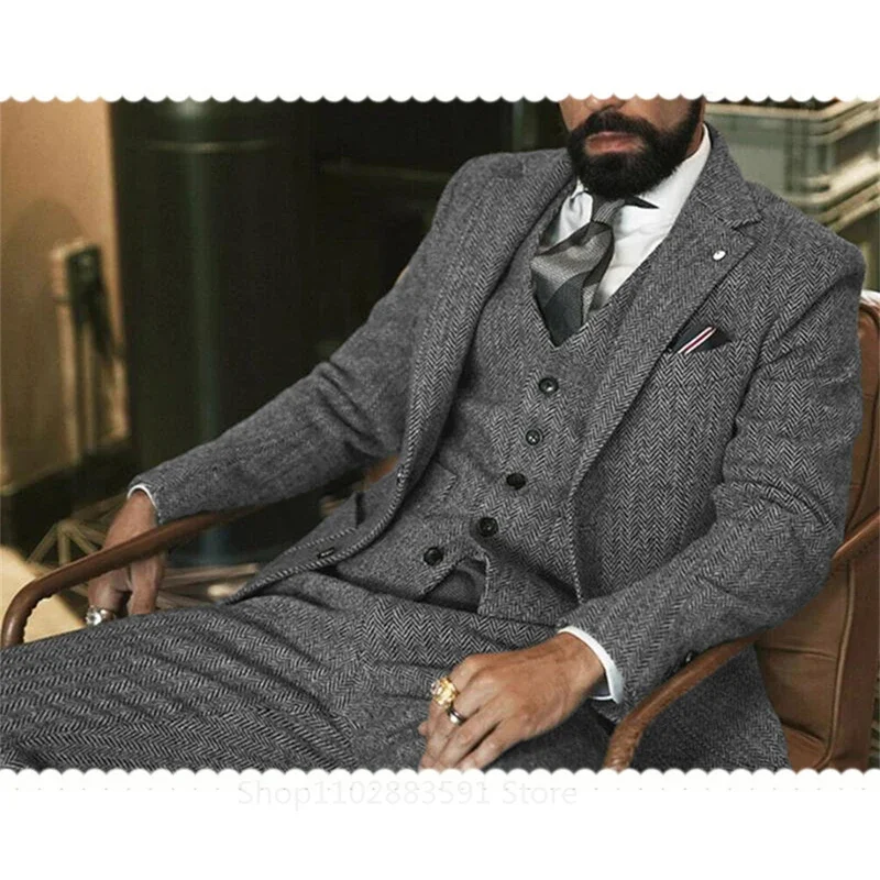 3 PieceGray Wool Tweed Winter Suit for Men Herringbone Slim Fit Formal Groom Tuxedo  Wedding Male Suits (Jacket+Vest+Pants)