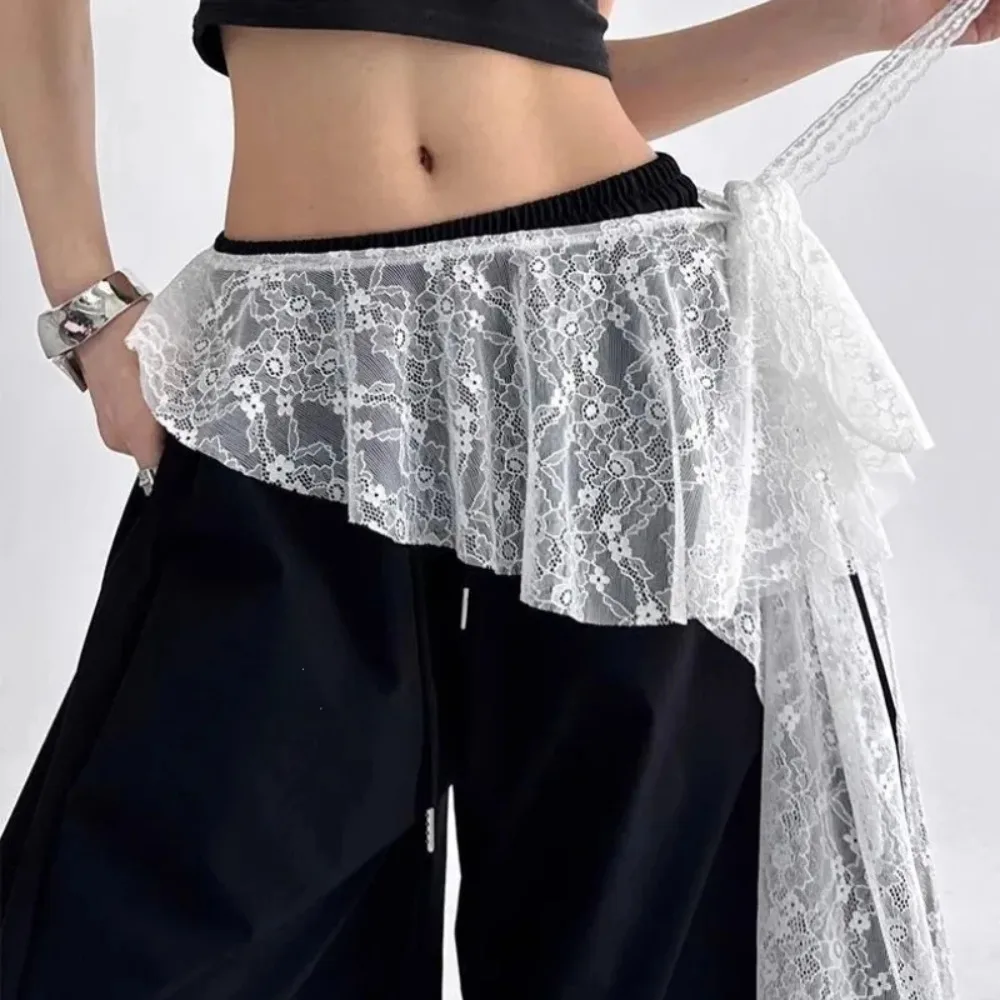 Flower Embroidered Lace Skirt Women Y2K Streetwear High Waist Irregular Hem Ruched See Through Lace Up Ruffle Mini Skirt