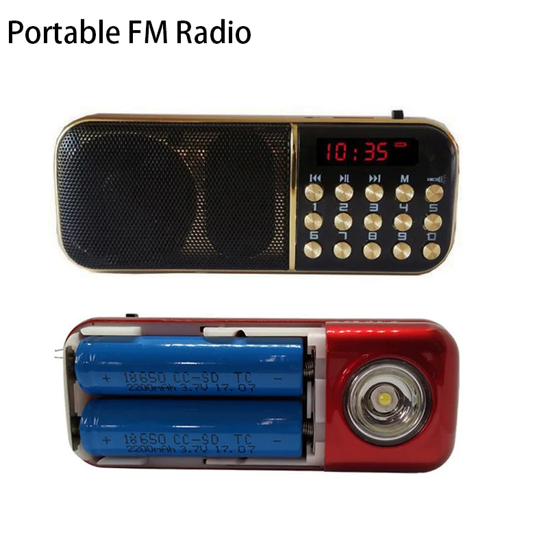 Portable FM Radio Speaker Mini Handheld Digital USB TF MP3 Player LED Flashlight Support 2 Rechargeable 18650 Battery