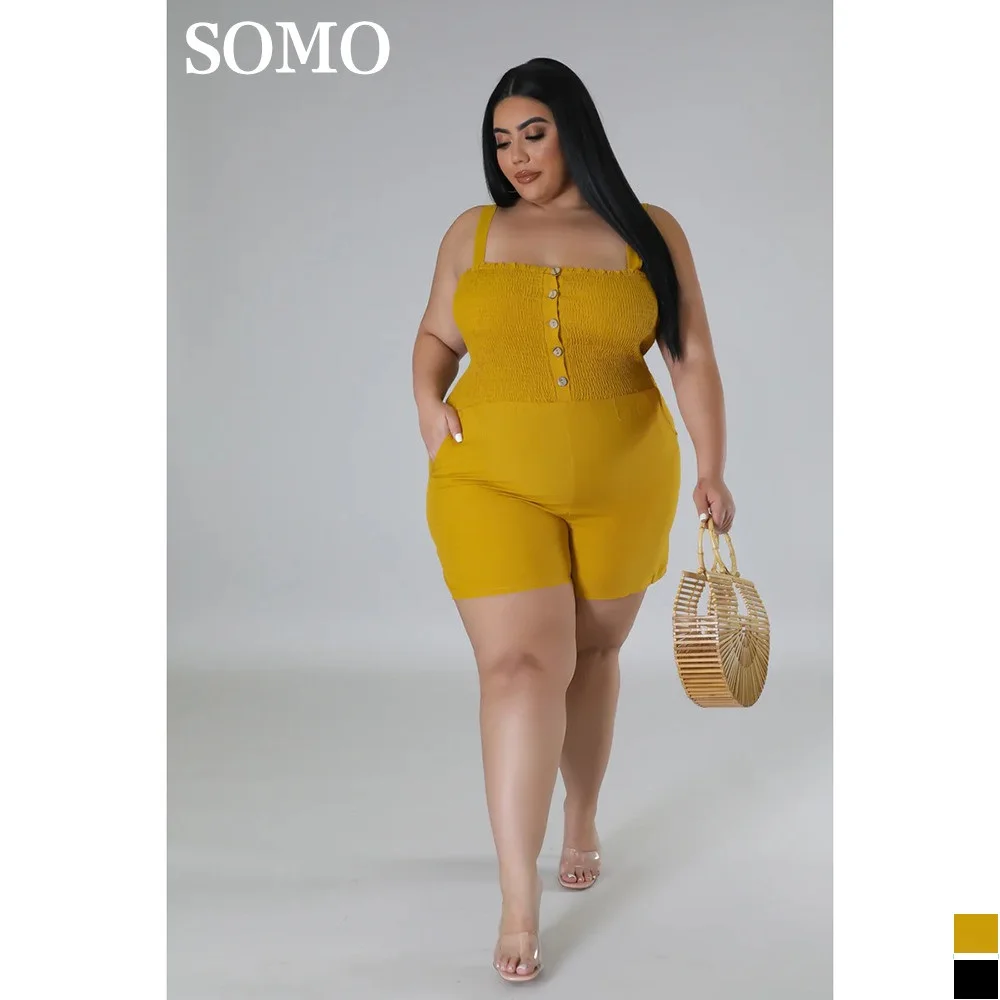 Somo plus size feminino festa macacões moda plissado fino elasticidade doce halter shorts macacão bolsos dropshipping atacado