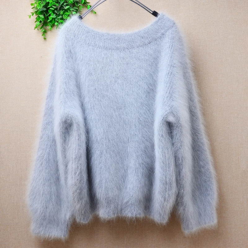 Ladies Women Fall Winter Clothing Grey Hairy Angora Rabbit Hair Knitted Slash Neck Three Quarter Sleeves Loose Pullover Sweater