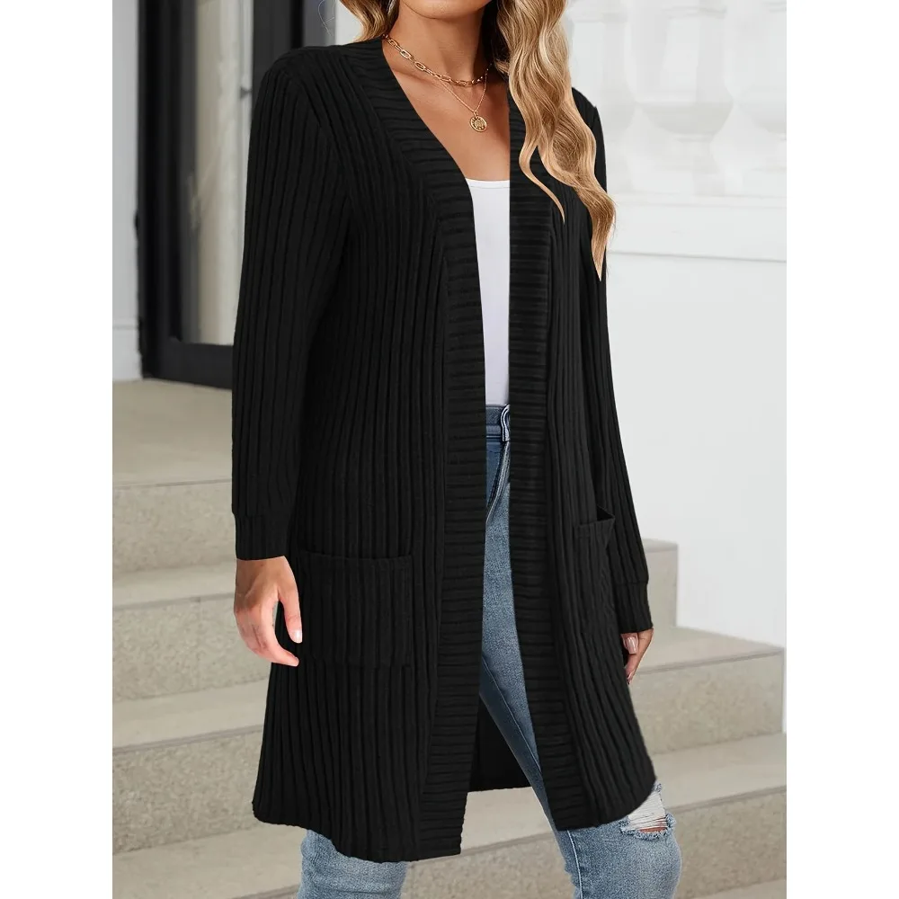 حجم كبير 1XL-5XL المرأة الموضة الصلبة مضلع جيوب معطف طويل السيدات عادية مفتوحة الجبهة معطف أنيق كم طويل معطف
