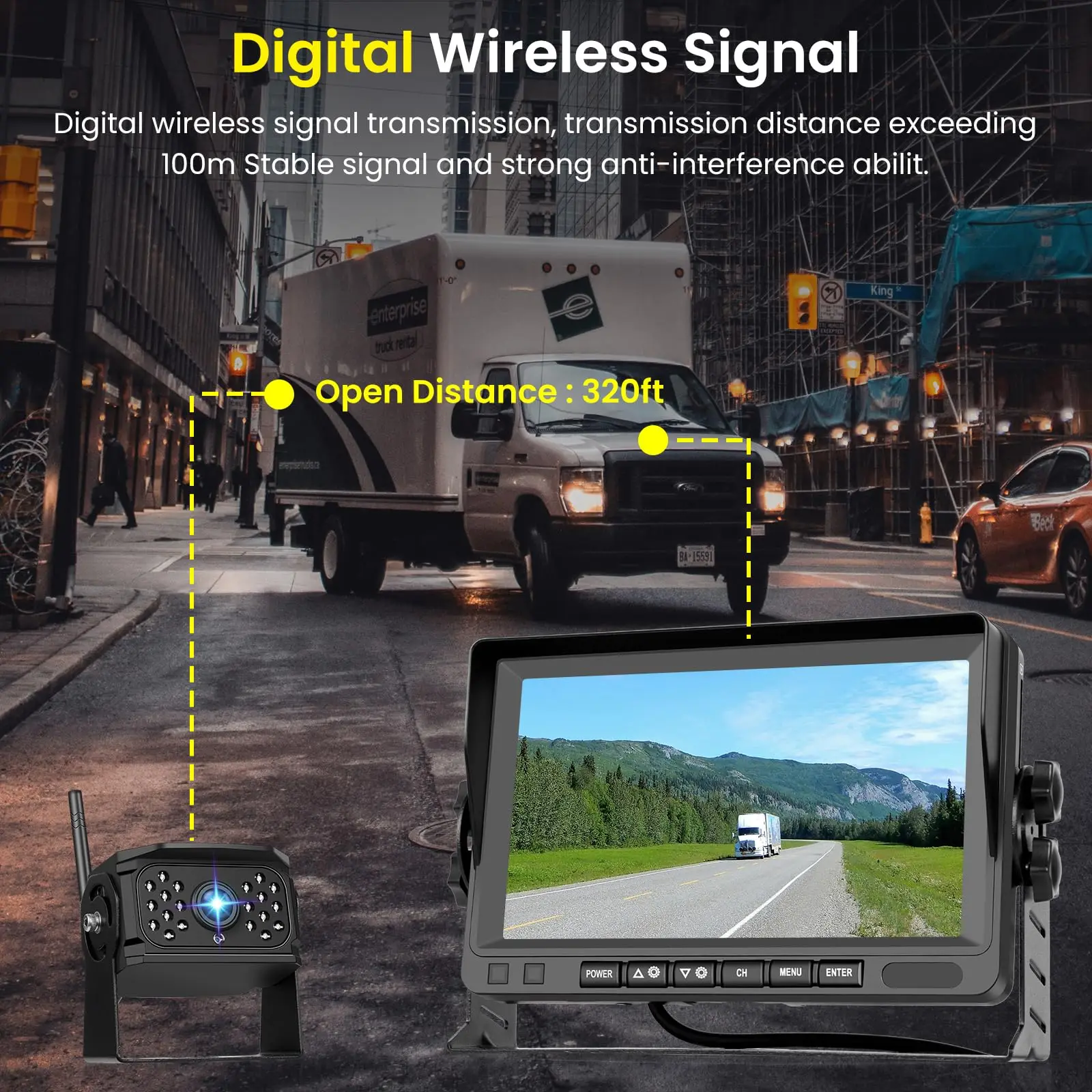 Wireless Backup Camera System 7 Inch IPS Monitor 1080P 4 Cameras Night Vision IP68 Waterproof Quad Split Recording RV Truck