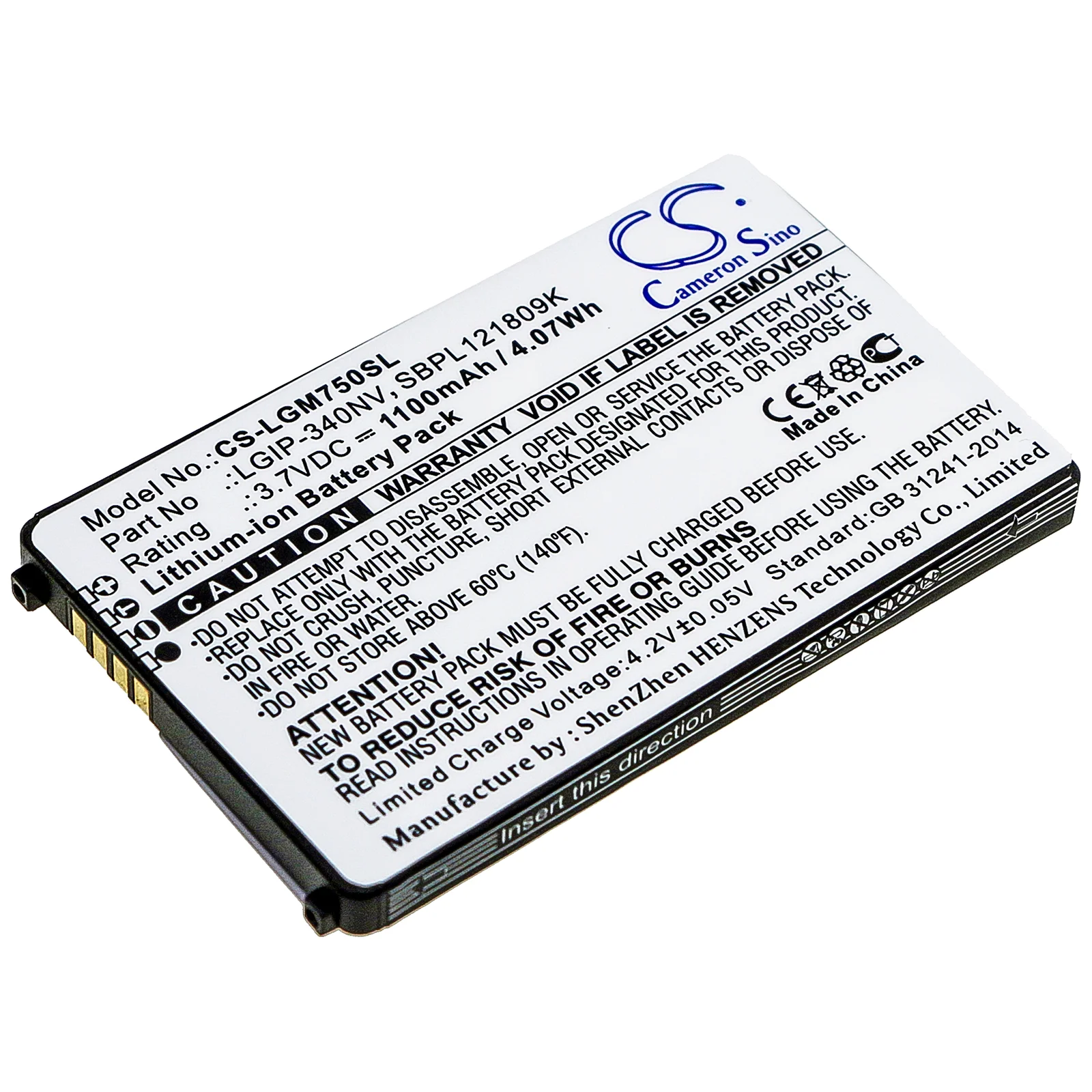CS Replacement Battery for LG GM750,Layla,Eigen,Octane PN:LGIP-340NV,SBPL121809K,SBPP0026903,SBPP0027503 1100mAh / 4.07Wh
