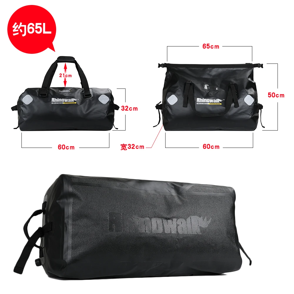 Rhinowalk Motorcycle Tail Seat Bag 65L Waterproof Bag Large Capacity Motor Dry Duffel Bag Travel Hiking Camping Outdoor Storage