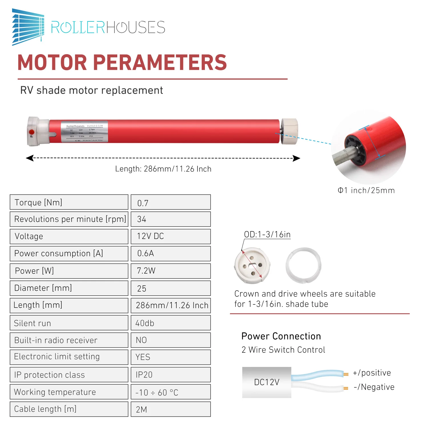 Rollerhouses ES2512 - 12V 2 Wires Switch Controlled Electric Roller Blind/Shade Motors for 30mm 38mm RV Roller Shade