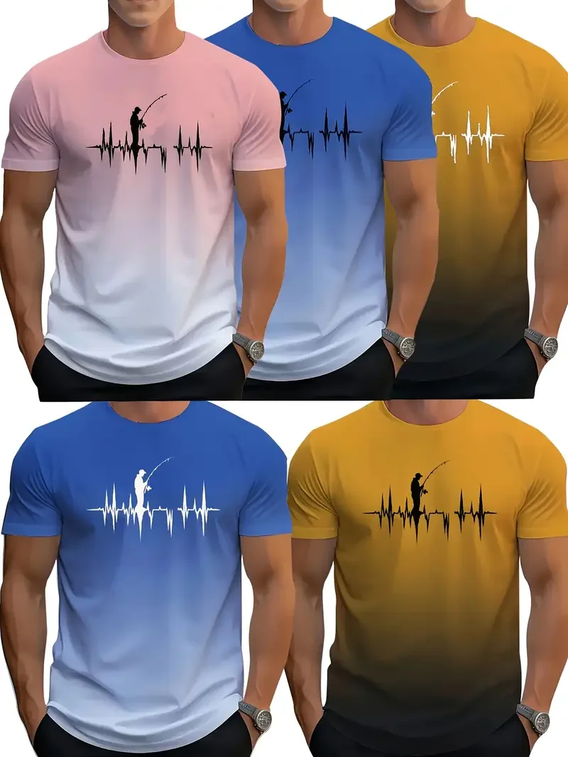 Men Gradient Short Sleeve T-Shirt, Black-to-Dark Red Fisherman Fishing Silhouette Graphic Casual Outdoor Summer Short Sleeve Top