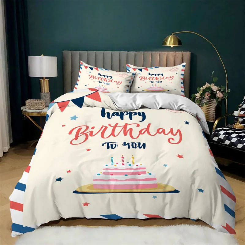 

Birthday Duvet Cover Set Happy Birthday Words With Floral Swirled Details Stars Flying Balloons Art Bedding Set For Kids Gifts