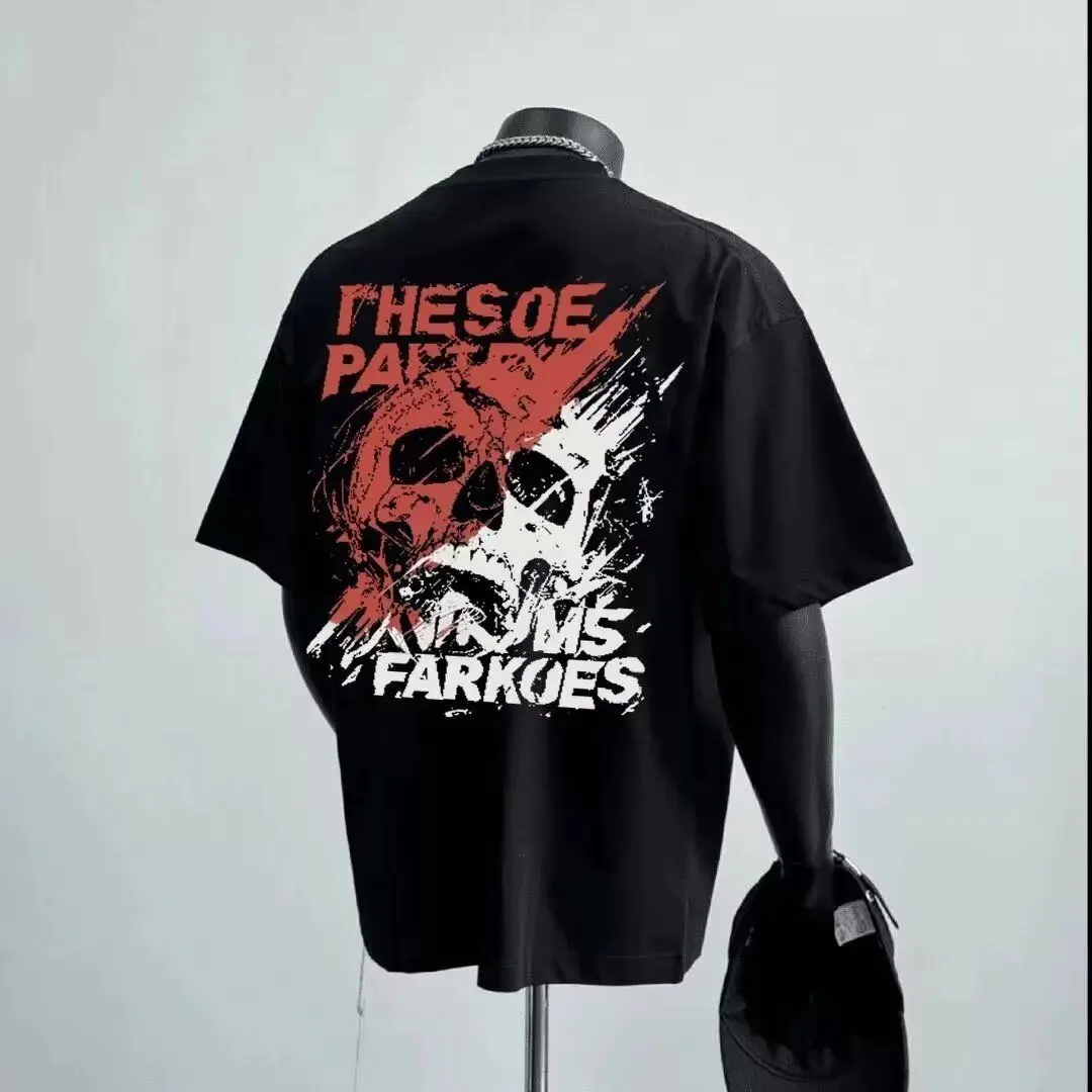 

2026 New Trend Skull Letter Print Men's and Women's Short Sleeve Crew Neck Comfortable and Breathable Loose T-Shirt