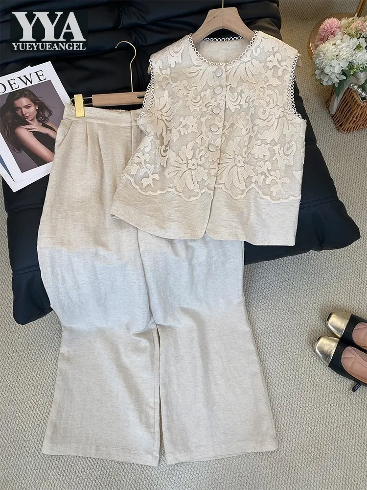 Summer New Womens Lace Crochet Sleeveless Fashion Vest Sets O-Neck Top Outfits Floor Length Trousers Wide Leg Pant Two-Piece Set