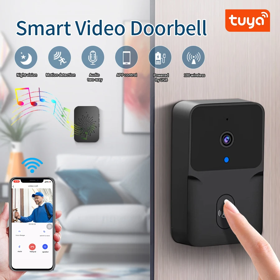 Tuya WiFi Wireless Doorbell Home Monitor HD Camera Security Door Bell DC AC Battery Powered Camera Bell Alexa Google Doorbell