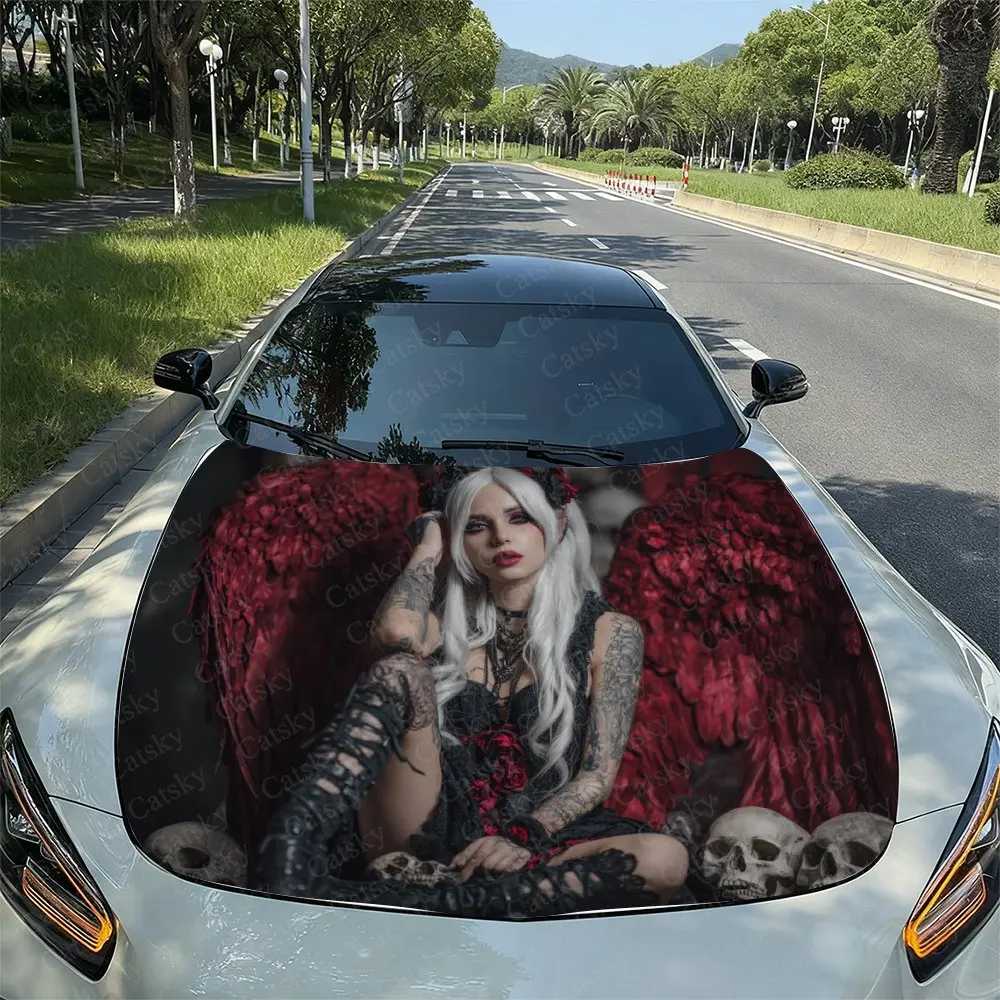 

Gothic Red Winged Angel Car Hood Vinyl Sticker Wrap - Fit Hood/Engine Cover Decal, Durable Paper-like Protective Film, Motorcycl