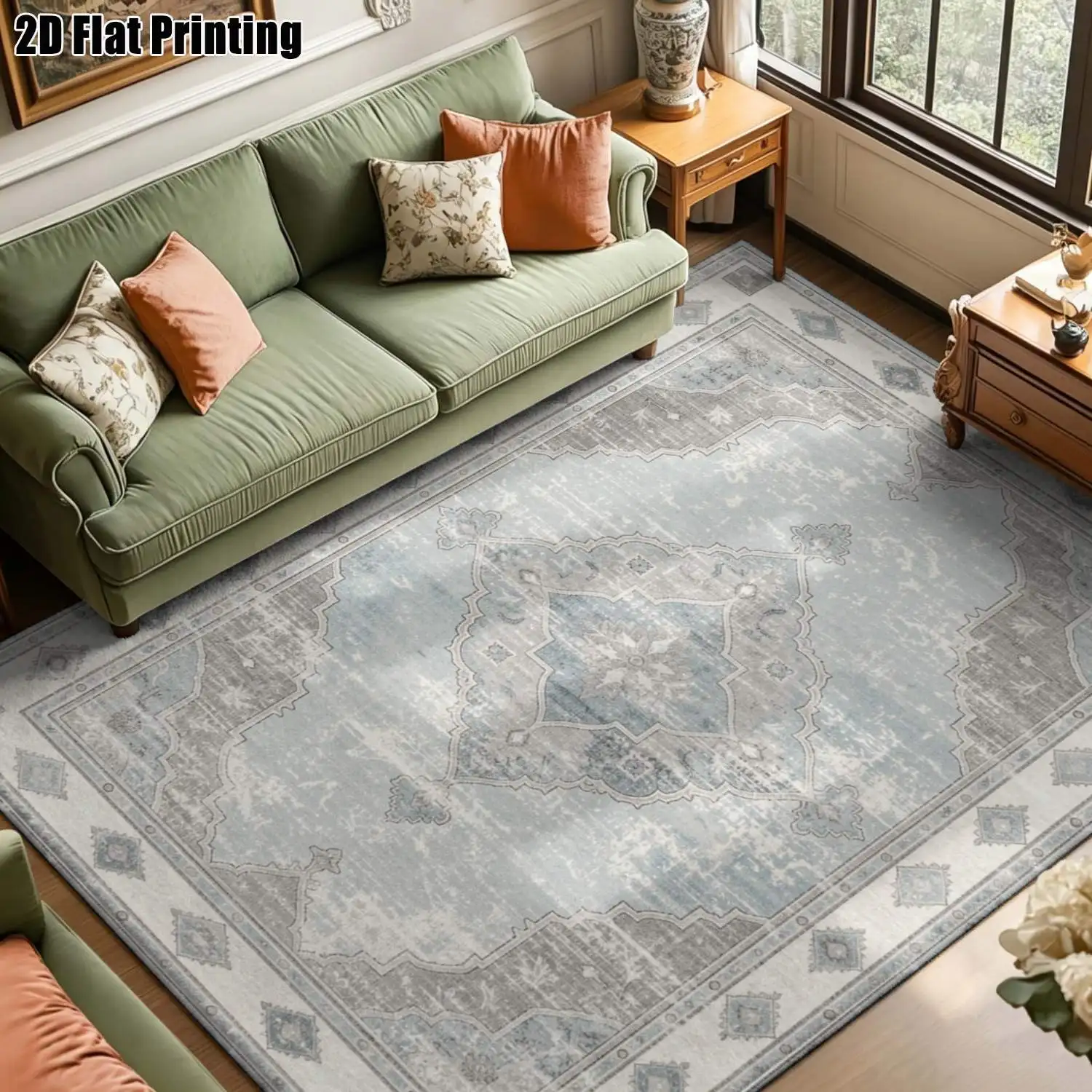 1Pc 2D Printed Blue-Grey Retro Geometric Nordic/Instagram Style Carpet, Machine Washable, Multi-Size, for Entrance, Dining, Living, Bedroom, Home Decor