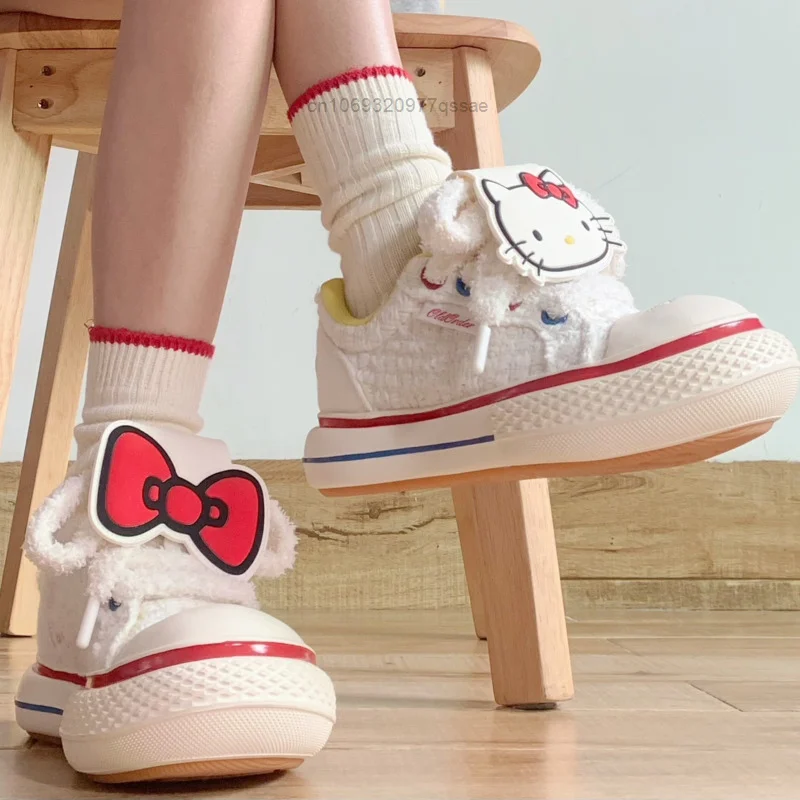 Sanrio Hello Kitty Lace-up Canvas Sneakers Y2k Women Fashion Summer White Skateboard Shoes Thick Sole Canvas Shoes Casual Shoes