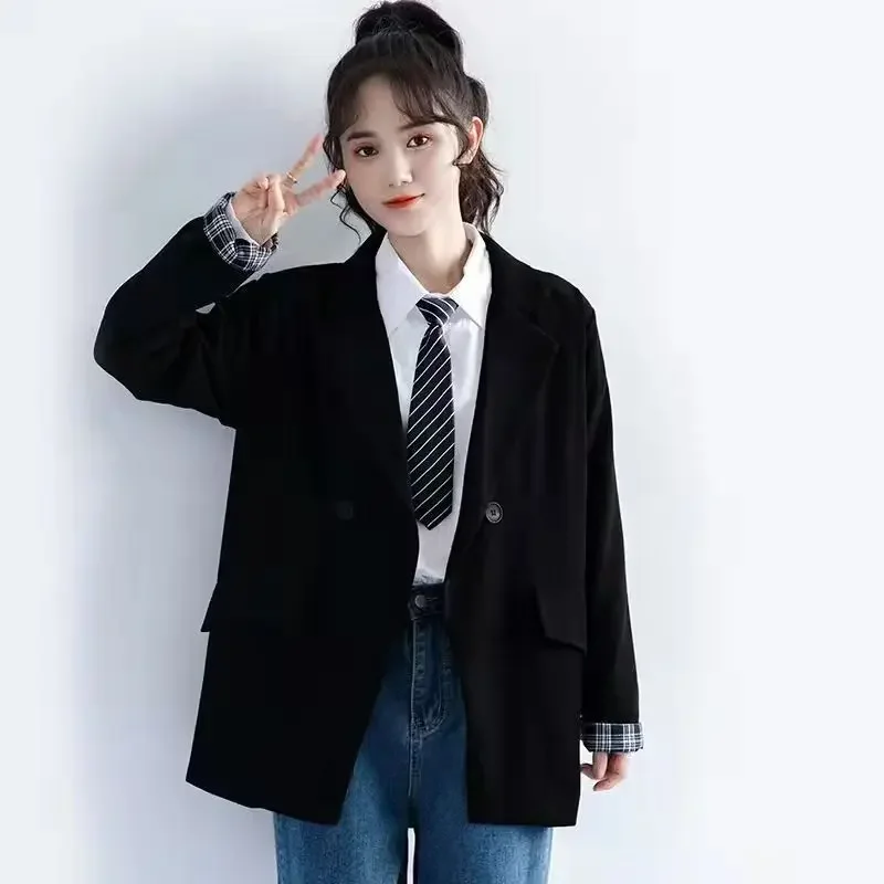 ​ سترة نسائية صغيرة للربيع والخريف بأصفاد ملفوفة باللون الأسود وصلت حديثًا سترة فضفاضة كلاسيكية غير رسمية منقوشة على الطراز الكوري ​