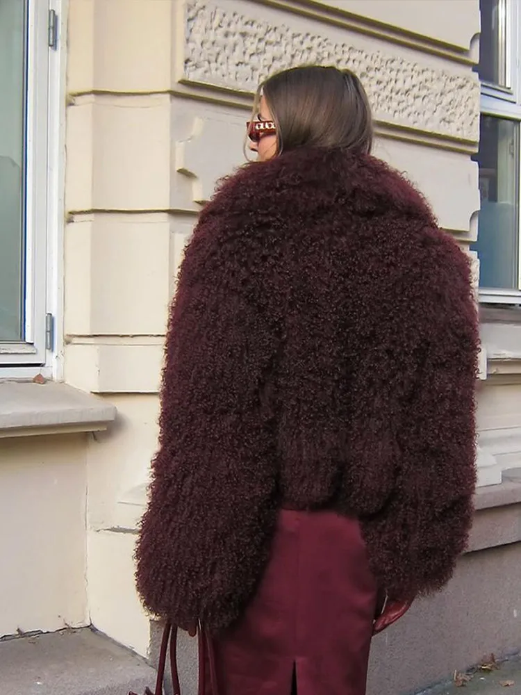 Chic Ins Burgundy Faux Fur Coat Women Fashion Thick Warm Long Sleeved Fluffy Jackets Autumn Winter Cool Girls Casual Overcoat