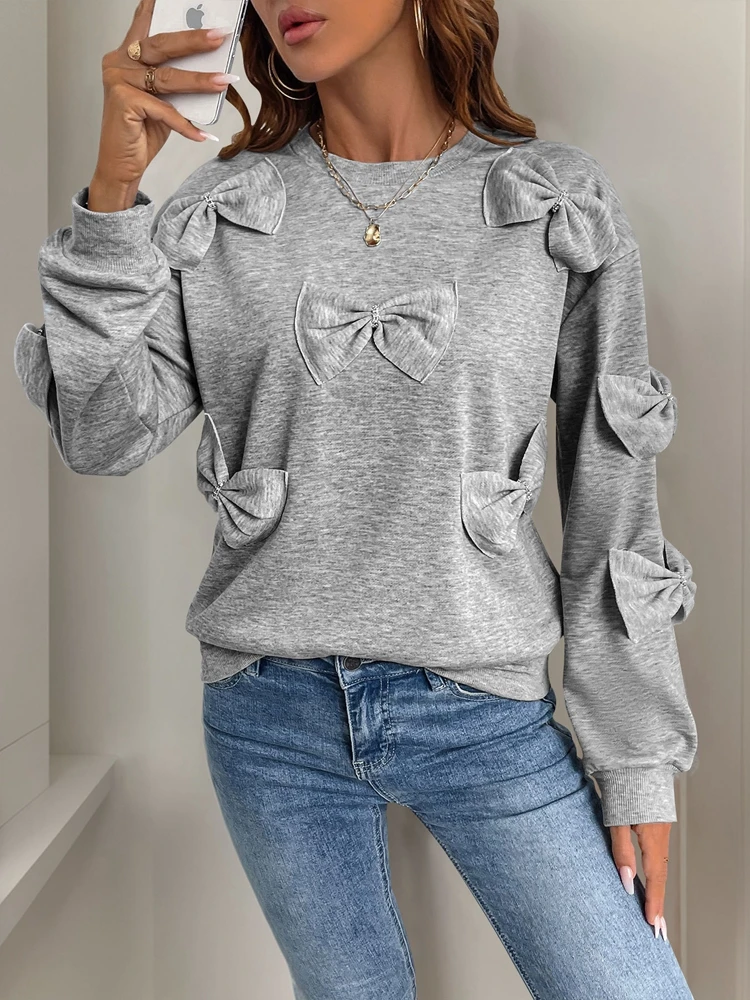 Bowknot Decor Long Sleeve Pullover Round Neck Sweatshirt Top Spring Casual Sporty Wear