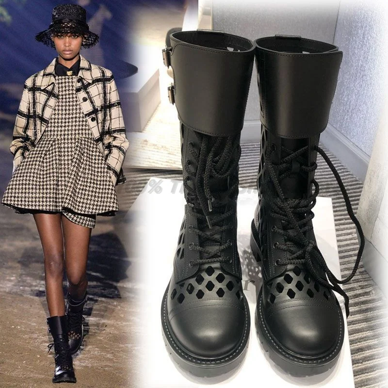 

Round Toe Hollowed Out Low Heel Lace Up Cowhide Roman Women's Cool Boots for Outerwear Plus Stylish Casual Women's Boots